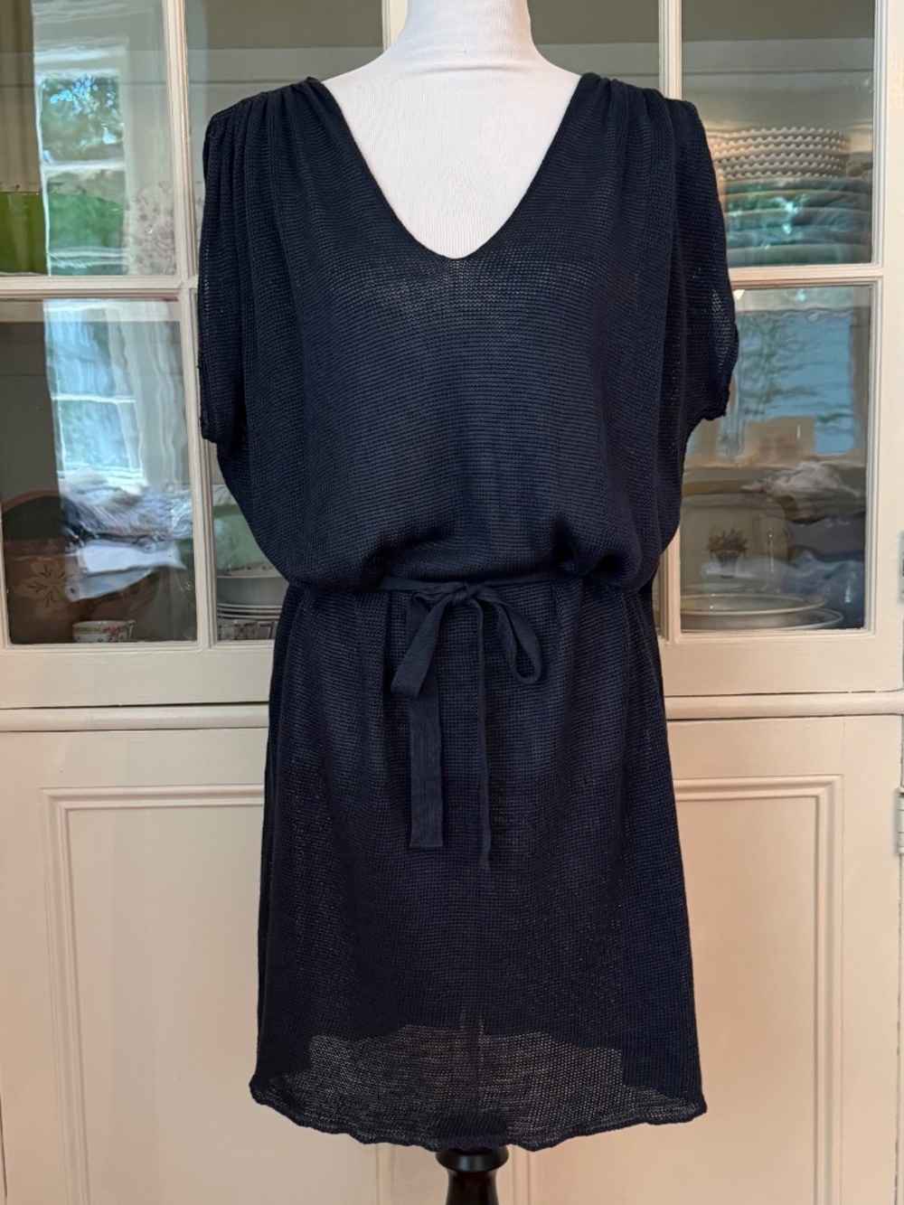 100% Capri Linen Knit Dress, Medium, Blue, Made in Italy, Belted